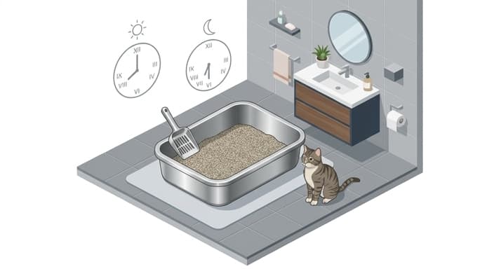 A cat beside a stainless steel litter box and scoop, illustrating the recommended twice-daily scooping routine and a non-porous, easy-to-clean setup.