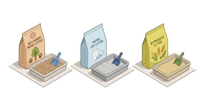 A clean display of wood-based, paper-based, and byproduct-based cat litter options alongside their matching litter boxes.