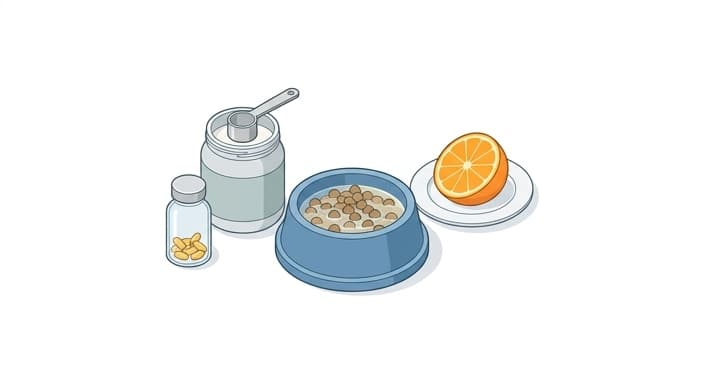 Collagen powder paired with omega-3 oil and a citrus element to symbolize Vitamin C, presented with dog food to illustrate a joint-support regimen.
