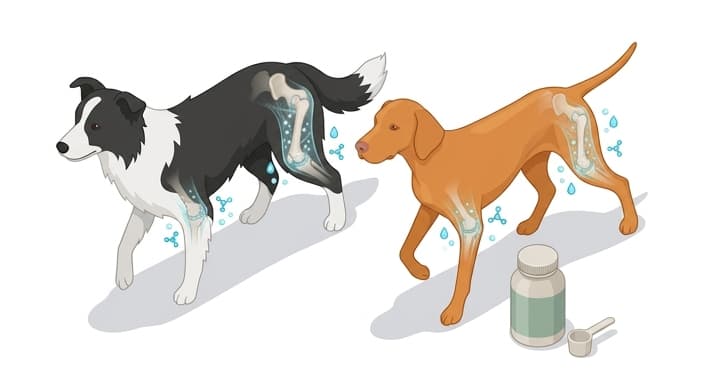 Border Collie and Vizsla illustrated with highlighted joints and collagen acting as a shock absorber to support joint mobility.