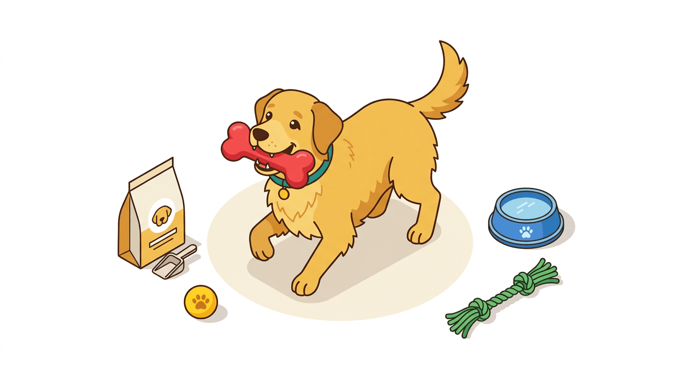 A happy Golden Retriever engaging in healthy chewing behavior.
