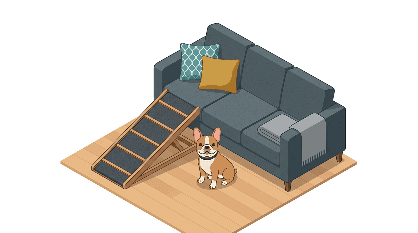 A French Bulldog demonstrating safe home mobility with a pet ramp.