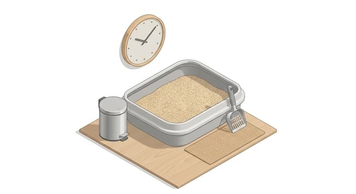 A neat litter area with a scoop and daily maintenance reminder, highlighting routine care for eco-friendly grain-based litters.