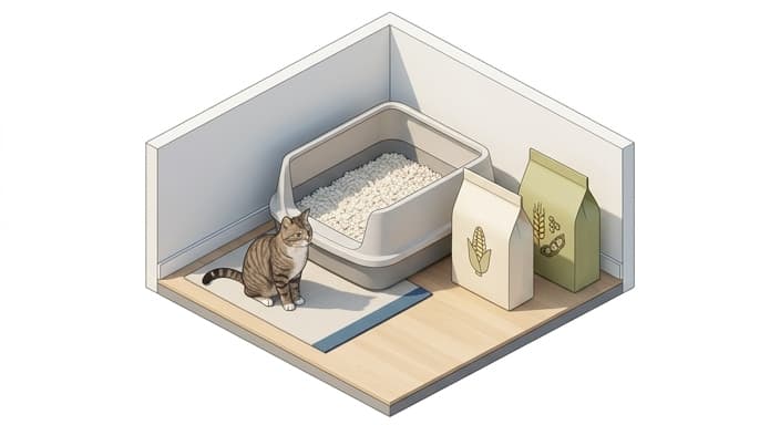 A calm scene showing paw-friendly paper-based litter alongside grain-based options near a litter box, illustrating transition choices.