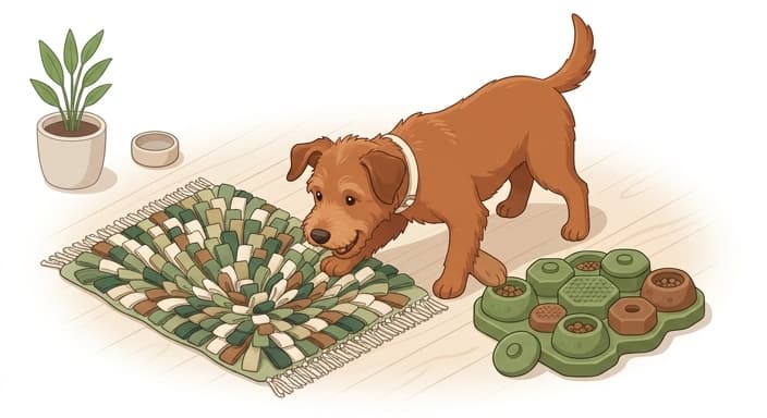 A dog explores an organic cotton snuffle mat and natural rubber puzzle feeder, illustrating eco-friendly enrichment tools.