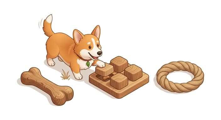 A dog examines a rotation of natural wood toys, highlighting sustainable, non-toxic playthings for enrichment.