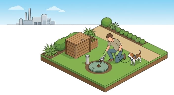 Backyard setup with an underground pet waste digester and surface composting components.