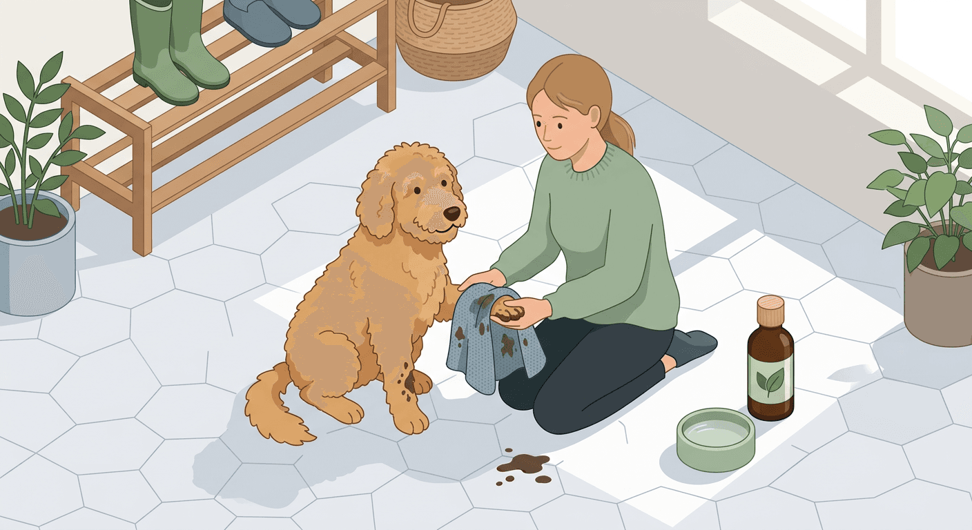 Gentle spring mud cleanup: microfiber towel and jojoba oil care for a dog's paws.