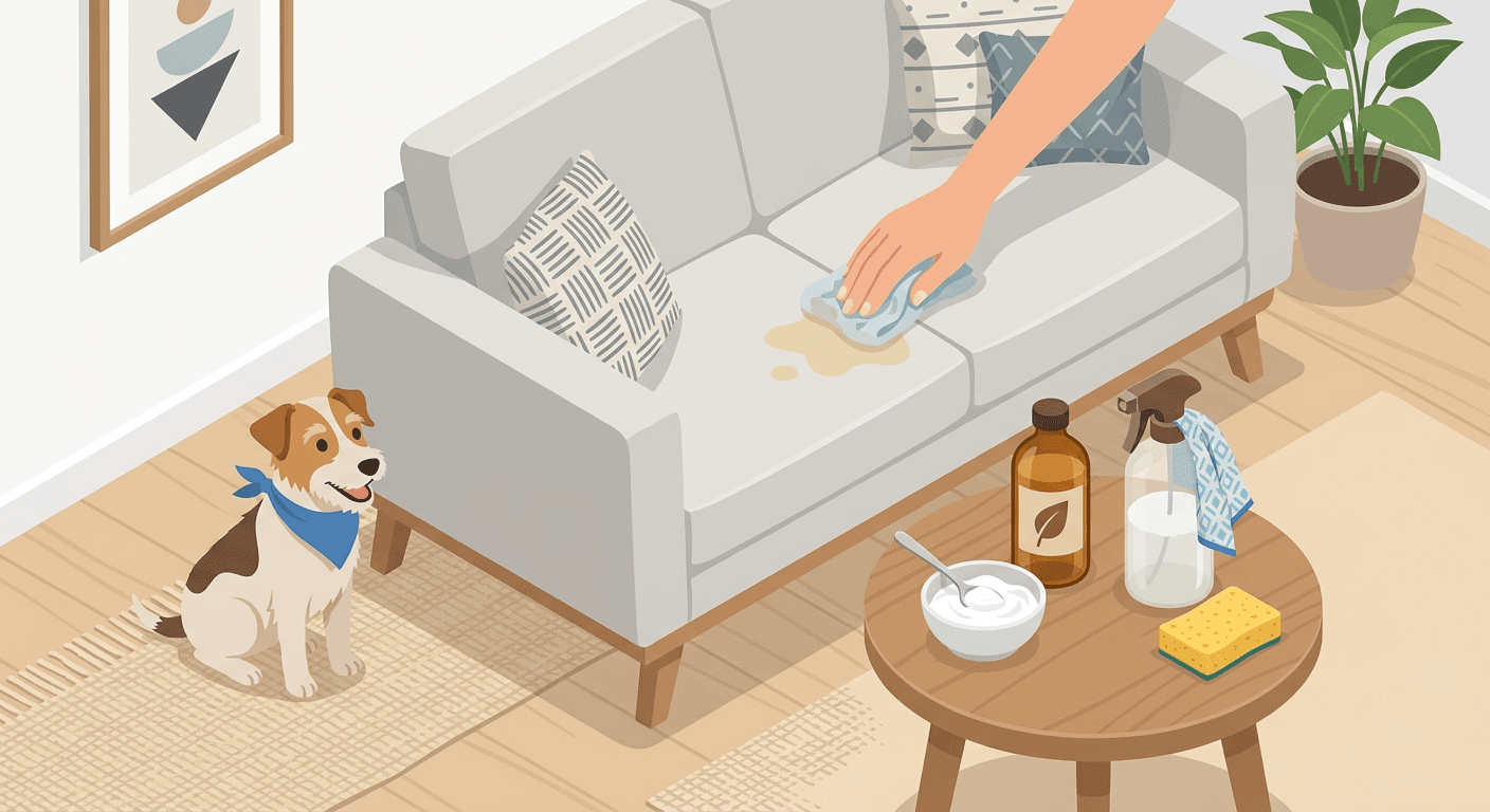 Pet-friendly eco-cleaning: baking soda paste and vinegar lift stains from upholstery as a dog watches.
