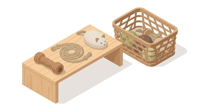 A tidy toy rotation setup with a few eco-friendly toys ready for weekly use and others stored for later.