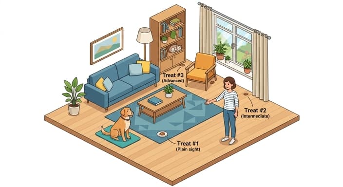A dog practices a stay while treats are hidden around a living room as part of a beginner enrichment game.
