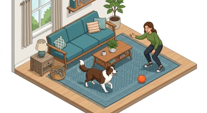A dog participates in a ball-find enrichment exercise guided by its owner, with a ball and a rope toy visible.
