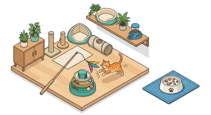 A cat completes a brief two-part play session and is rewarded with a snack, highlighting the hunt-eat enrichment cycle.