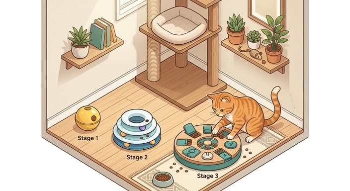 A cat works a treat-dispensing puzzle toy, illustrating cognitive enrichment and extended feeding time.