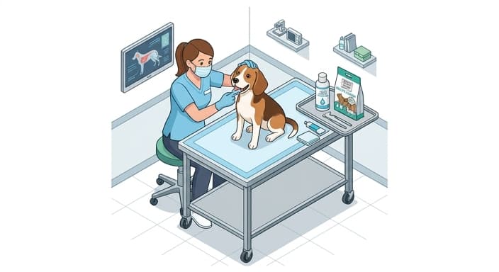 A dog is being brushed on the outer tooth surfaces with dental chews and a water-additive bottle visible nearby.