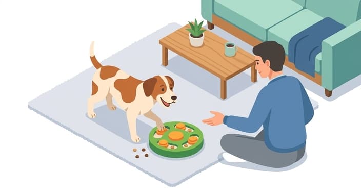 A dog works through a brain-boosting foraging puzzle during mealtime in a living room.