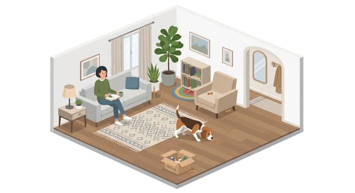 A scent-based hide-and-seek enrichment game in a small indoor space.