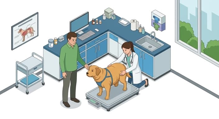 A veterinarian assesses an overweight dog's body condition as the owner watches, highlighting the first step toward reclaiming mobility and quality of life.