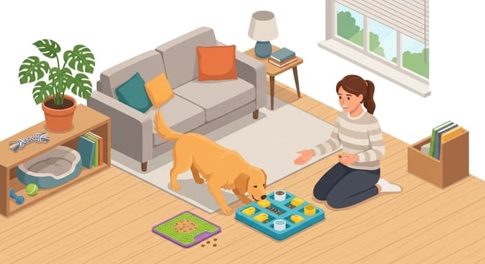 A dog engages in nose-work and uses a puzzle feeder to slow meals and boost mental stimulation.