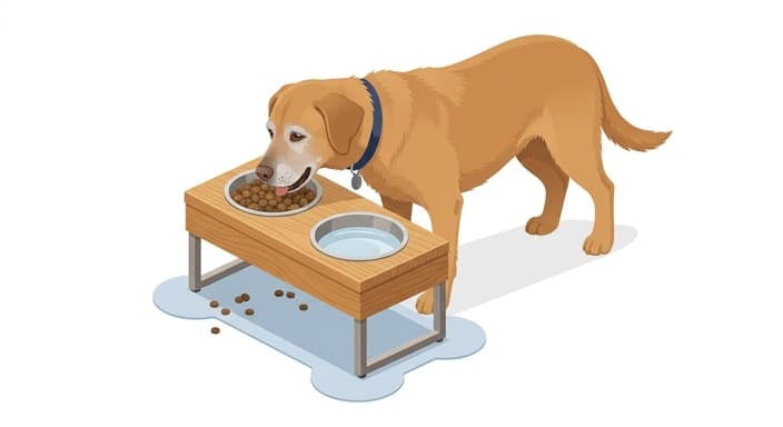 A senior dog eats from a chest-height elevated bowl, illustrating proper ergonomic height.
