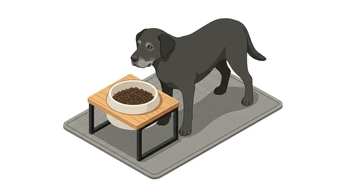 An elevated feeding station sits on a non-slip mat with a wide, shallow bowl for a senior dog.