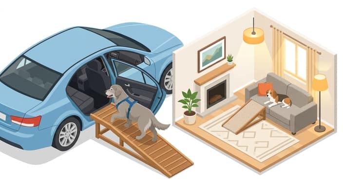 A senior dog uses a ramp to safely enter a car and access a couch in a well-lit home setting.