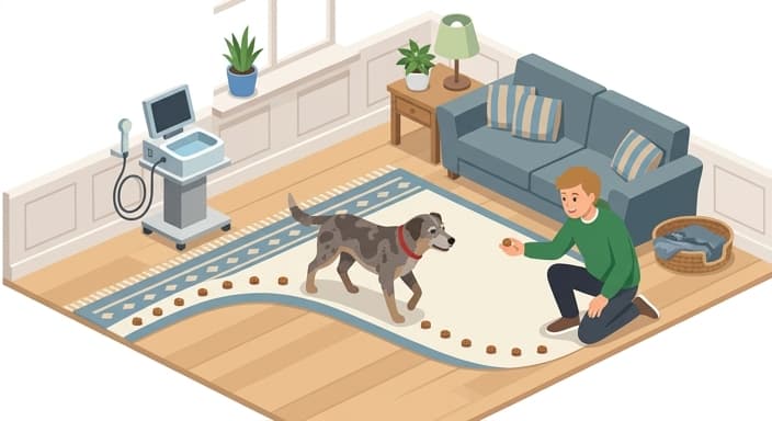 A senior dog follows a treat guided path around a room to promote gentle movement, with a rehab device visible in the background.