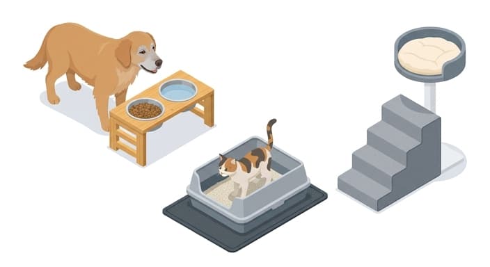 A senior dog with elevated bowls and a cat using a low-sided litter box and carpeted stairs to a perch.