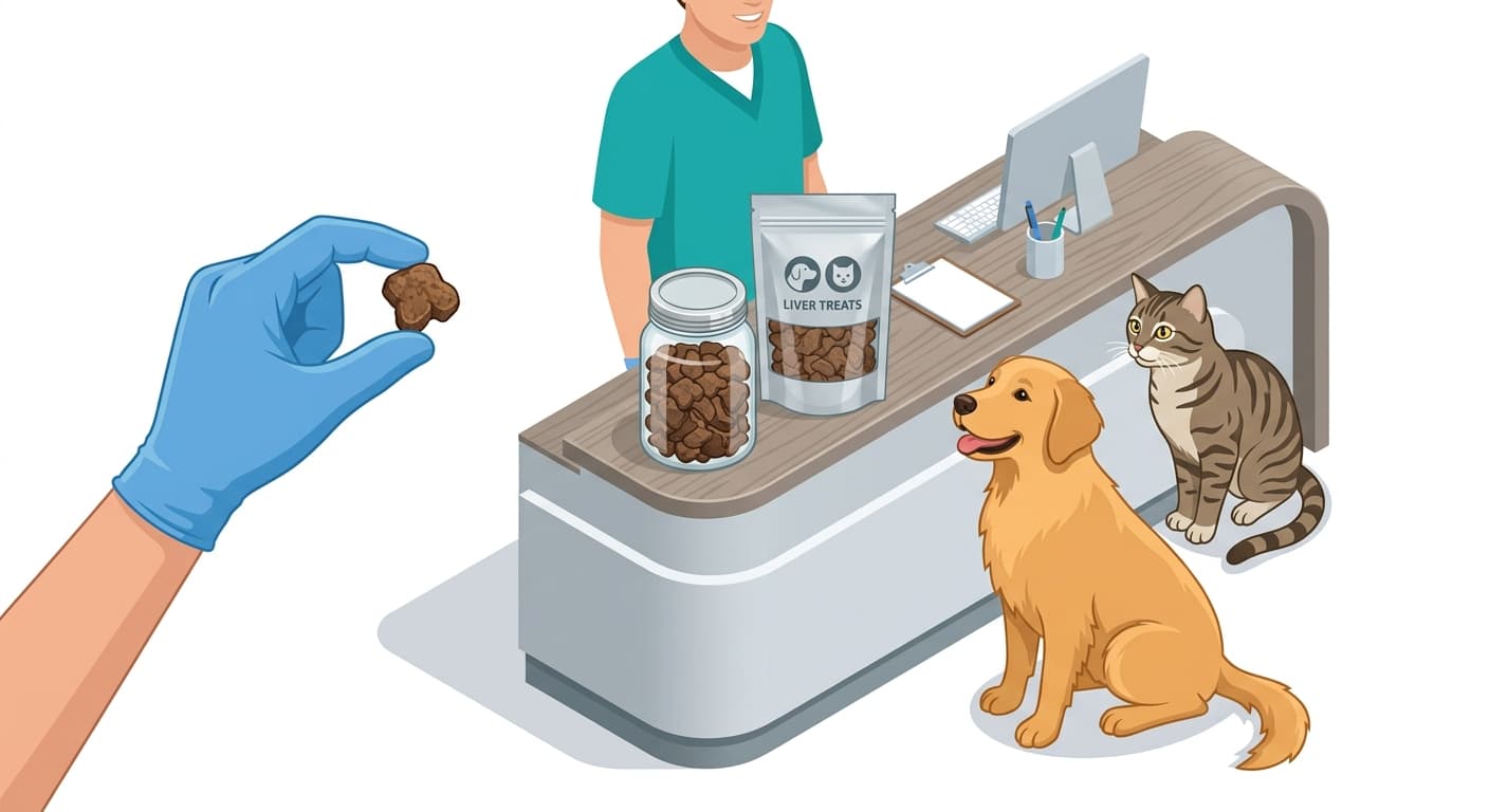 A veterinarian demonstrates a freeze-dried liver treat on a clinic counter, highlighting shelf-stable, dry-snack benefits.