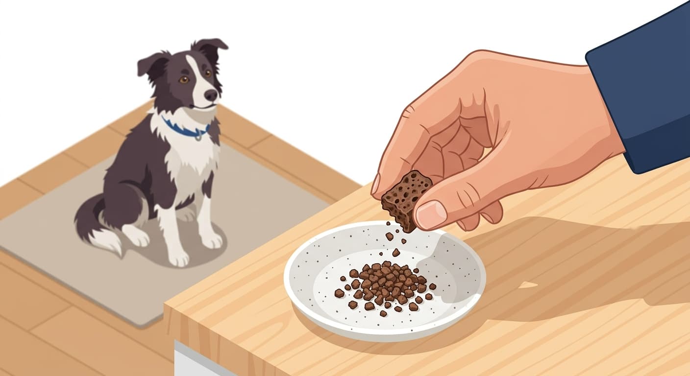 A trainer breaks freeze-dried liver treats into tiny pea-sized crumbs for a high-energy training session.