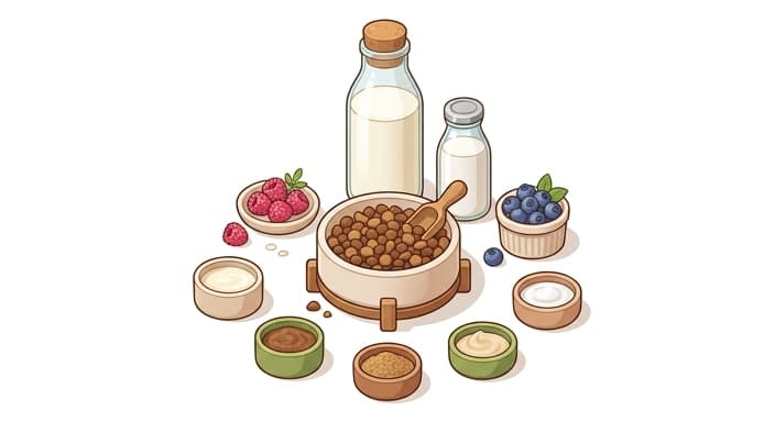Probiotic toppers like kefir, goat milk, and fresh berries arranged around a pet bowl to illustrate rotating gut-friendly additions.