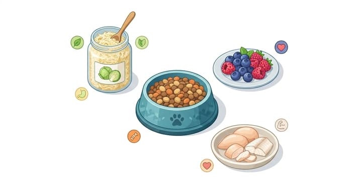 Blueberries and raspberries, unseasoned sauerkraut, and lean protein portions arranged as fresh toppers around a pet bowl to support digestive health.