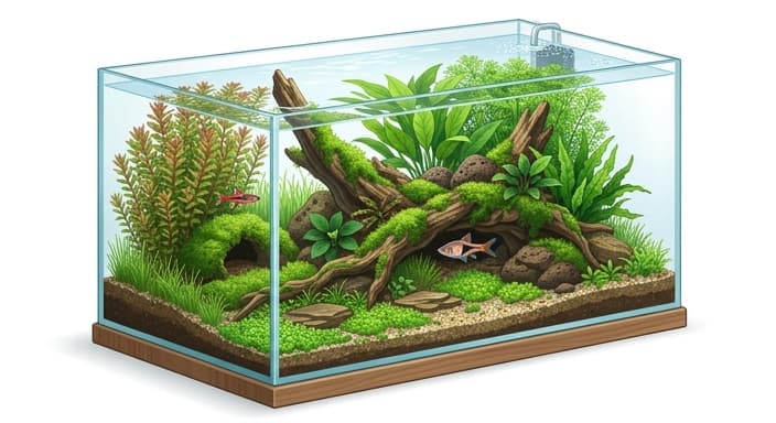 A planted tank with micro-habitats and hiding spaces that reduce stress for shy fish.