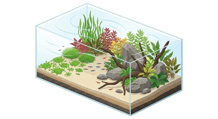 A well-designed aquascape showcasing flow-friendly layout and plant rooting areas to support a healthy bacterial ecosystem.
