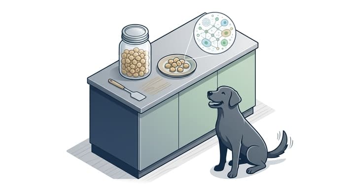 A jar of freeze-dried treats and a healthy dog illustrate preserved nutrients and ready absorption.