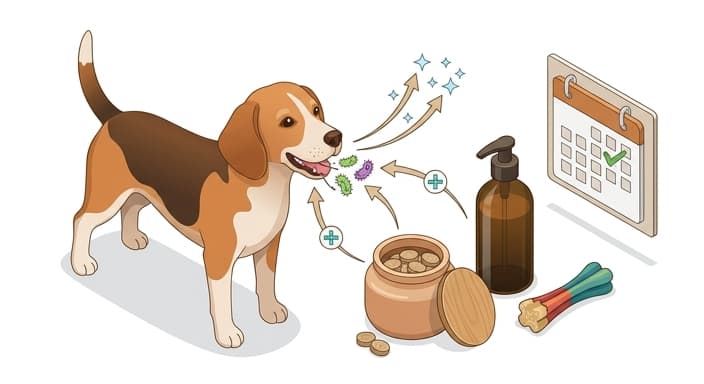 A dog enjoys a daily probiotic mouth treat as part of a consistent, layered dental-care routine.