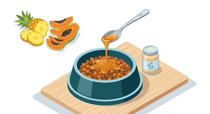 A dog's bowl with kibble topped by digestive-support toppers and fruit icons suggesting enzymes and fermentation.