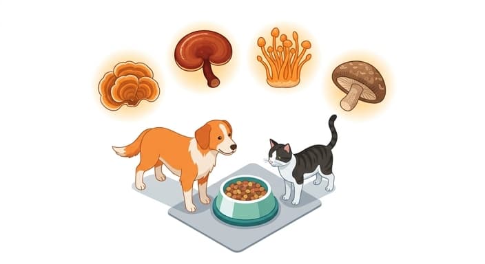 Dog and cat beside a bowl of medicinal mushrooms illustrating immunomodulatory beta-glucans for pets.