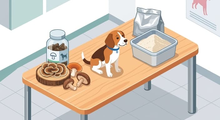 Visual contrast between real mushrooms and grain-based substrates, highlighting quality and extraction considerations in pet mushroom supplements.