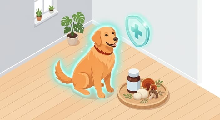 A calm dog beside an unlabeled supplement bottle and simple mushroom imagery, illustrating immune balance and skin health support for pets.