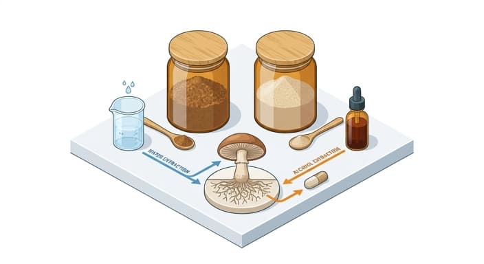 A clean isometric display of two mushroom powder jars and extraction elements, visually signaling dual extraction and full spectrum bioavailability for pet supplements.