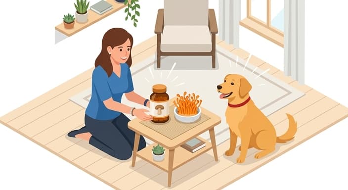 A dog near a cordyceps supplement bottle and a dish of Cordyceps mushrooms on a table, illustrating supplement use for energy and wellness.