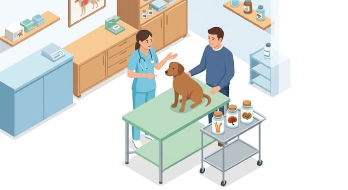 A veterinarian and pet owner discuss mushroom supplements during a clinic consultation, highlighting a holistic care approach.