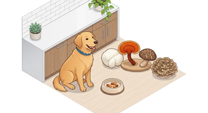 A dog sits beside a bowl as four colorful mushroom icons illustrate a synergistic pet supplement blend.