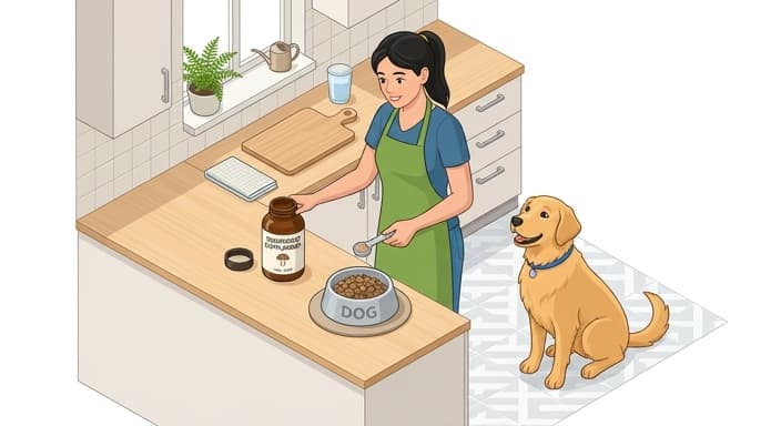 A caregiver measures a half-dose of mushroom supplement into a dog's dish to show gradual, safe integration.
