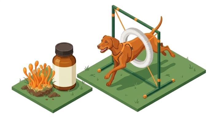 A high-energy dog near a cordyceps supplement bottle and mushroom cluster, illustrating energy support for athletic pets.