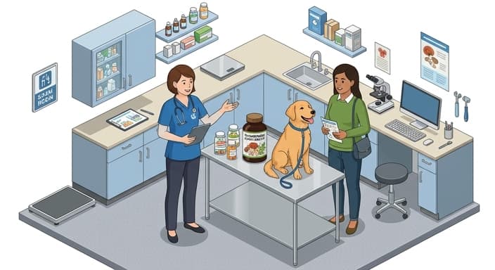 A veterinarian discusses mushroom supplements with a pet owner, highlighting veterinary guidance and potential medication interactions.