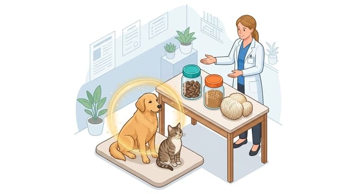 A veterinarian presents mushroom-based supplements to support a pet’s immune health.