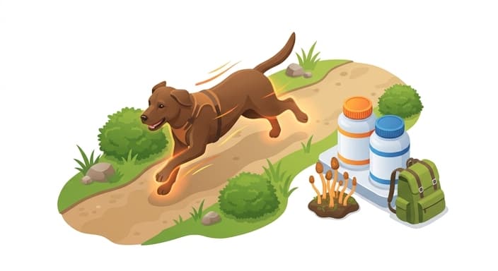 A lively dog on a hike with Cordyceps and omega-3 supplements to support vitality and athletic performance.