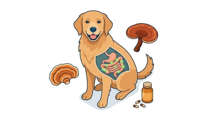 Dog with a cutaway gut and surrounding mushroom icons illustrating gut health and immune support.